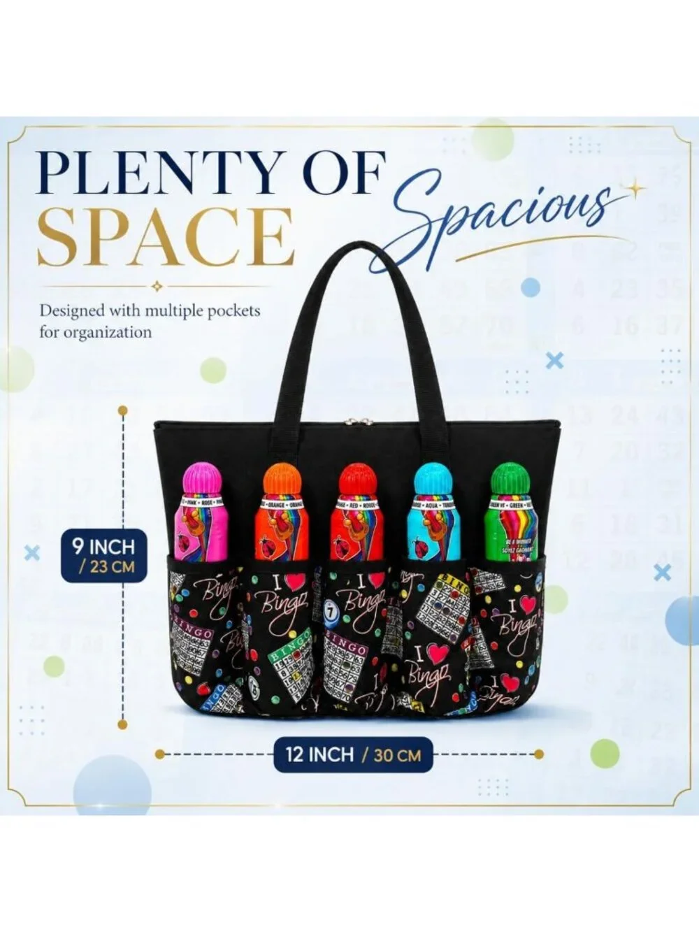 Stylish Black Pattern Tote Bag with 10 Pockets for Bingo Daubers & Accessories